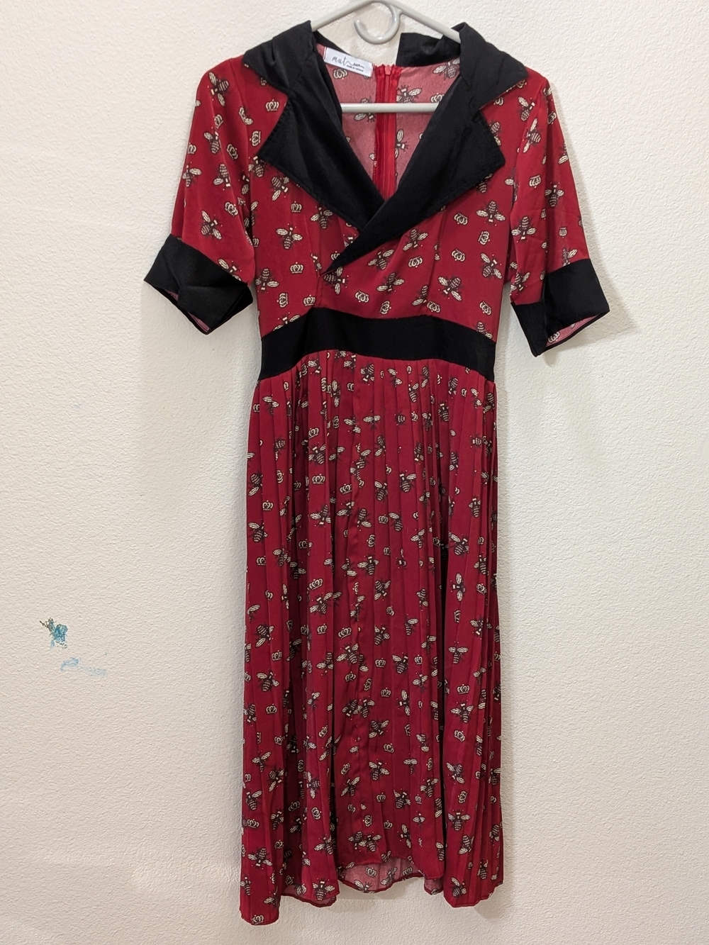 m.u.t. Designs Vintage-Inspired Red Bumblebee Midi Dress with Pleated Skirt